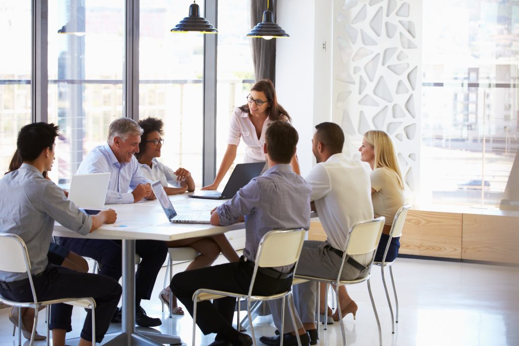 Businesswoman presenting to colleagues at a meeting about nonprofit jobs in a conference room at a table with six other people in a sunny room