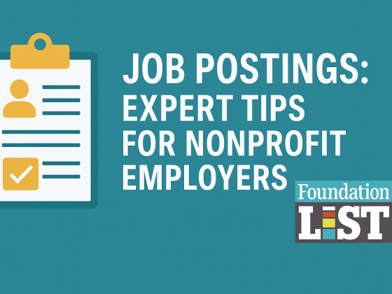 Image that says Job Postings: Expert Tips For Nonprofit Employers and an image of a clipboard