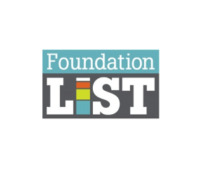 Foundation List Logo, Image says Foundation List in turquoise red and black. Only text can be seen.