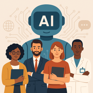 Image that shows four people and robot an intro for the blog: AI in Action How Artificial Intelligence Is Transforming Nonprofit Work, Talent, and Tools