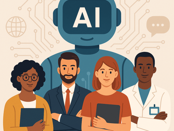 Image that shows four people and robot an intro for the blog: AI in Action How Artificial Intelligence Is Transforming Nonprofit Work, Talent, and Tools