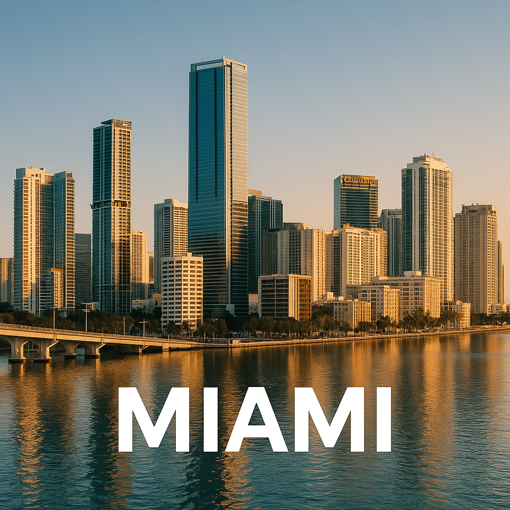 Miami Nonprofit Jobs Homepage Image of Miami skyline and the water during the day. Clouds can be seen. The word Miami can be seen. 