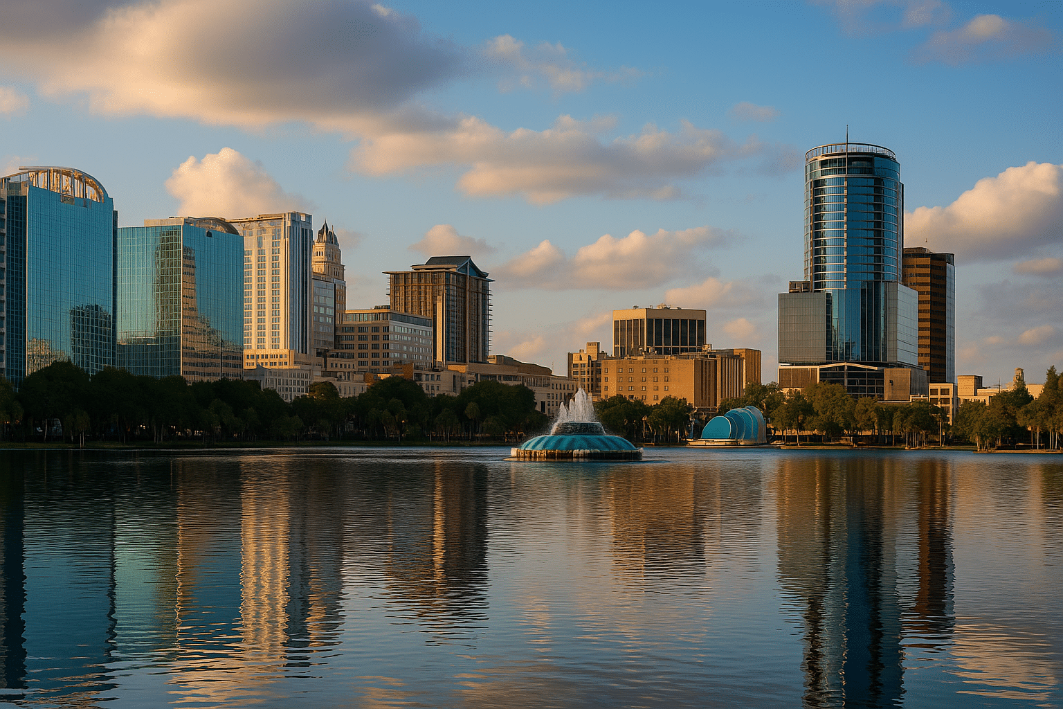 Explore Orlando nonprofit jobs Foundation List homepage image of Orlando city skyline with blue sky and clouds. 