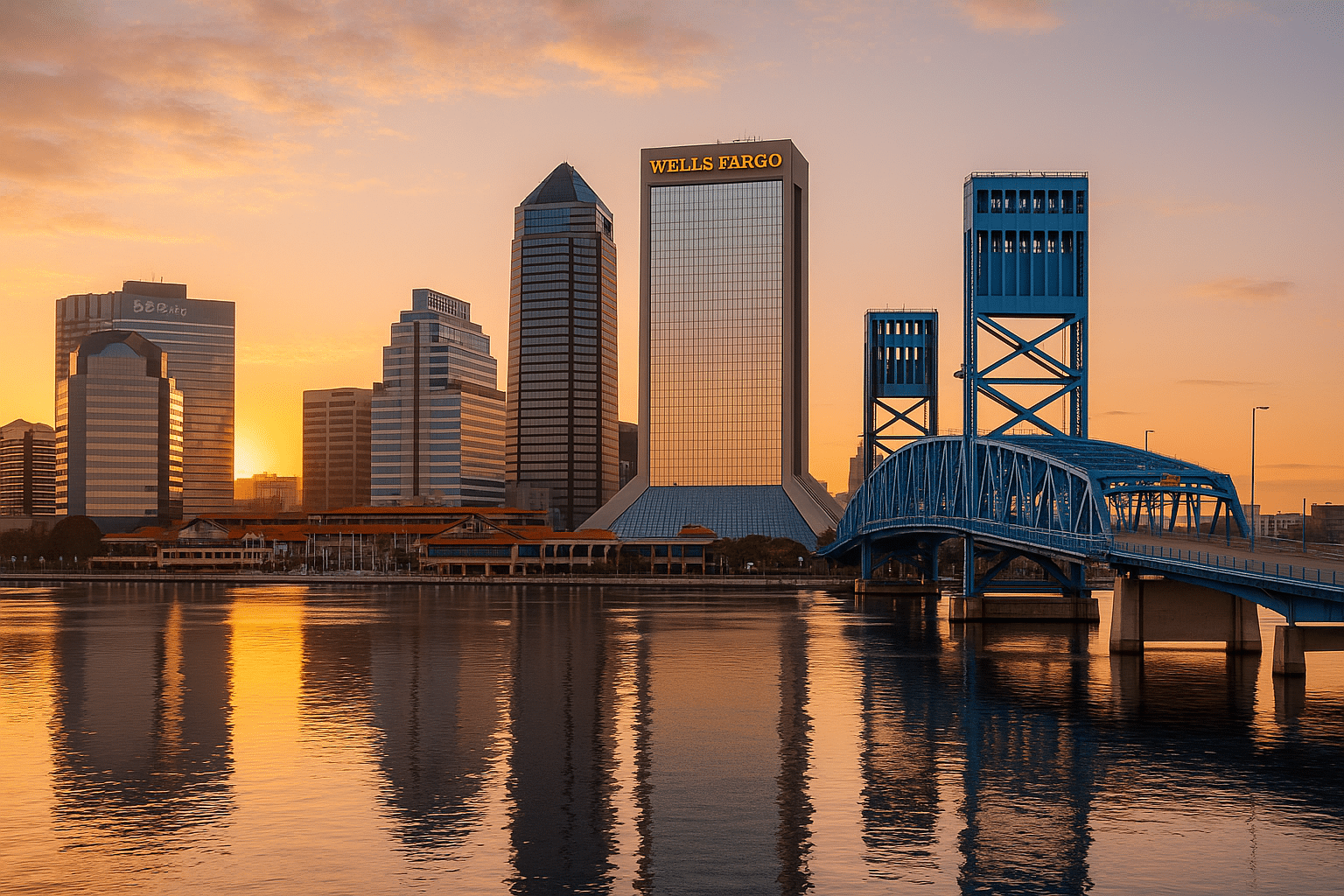 Jacksonville Nonprofit Jobs Foundation List page image of Jacksonville skyline and pink clouds and the sky, and bridge can be seen. 