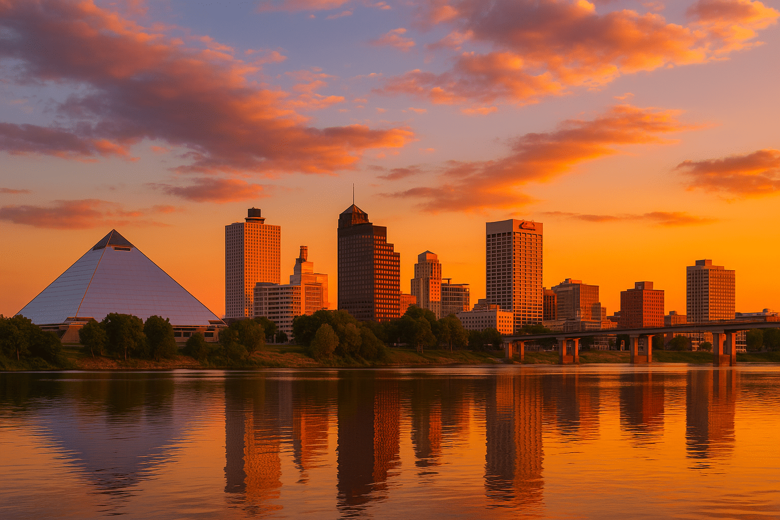 High-resolution photograph of the Memphis skyline at sunset, featuring the iconic Pyramid, downtown buildings, Mississippi River reflections, and glowing clouds.