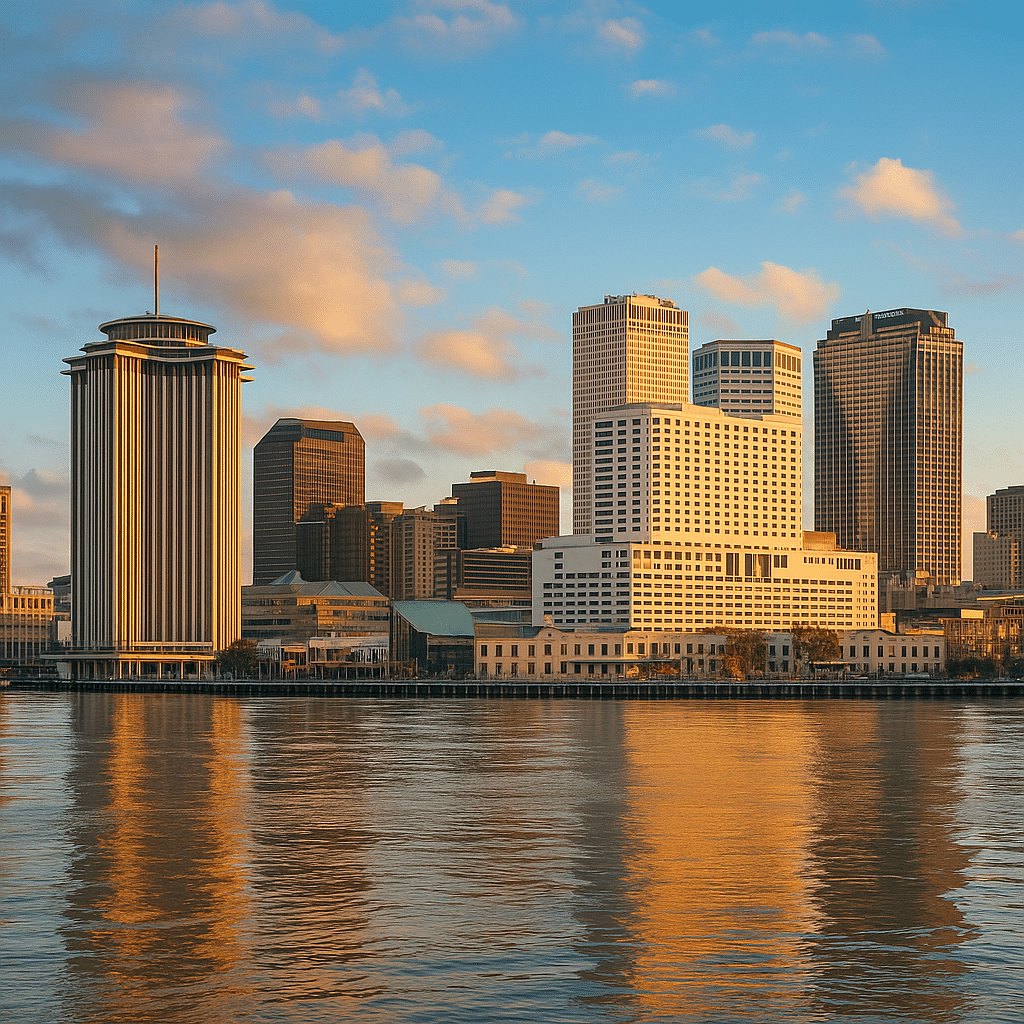High-resolution photograph of the New Orleans skyline at sunset, showing iconic downtown buildings reflected on the Mississippi River beneath a colorful sky.