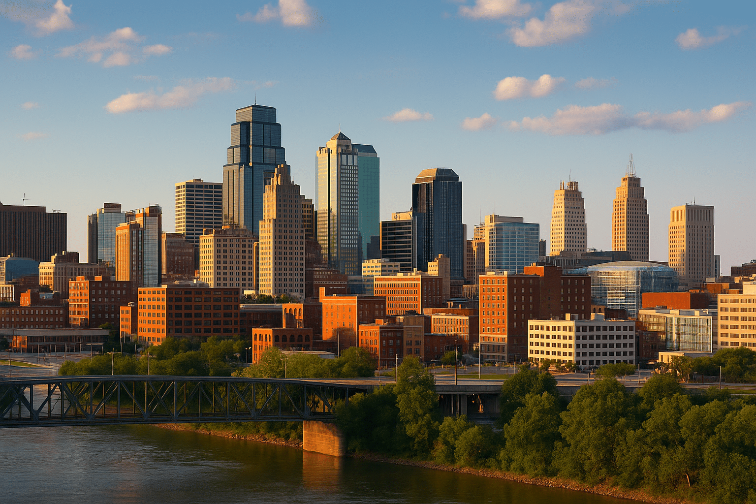 High-resolution photograph of the Kansas City skyline at sunset, featuring iconic skyscrapers, historic buildings, and the Missouri River with clouds in the background.