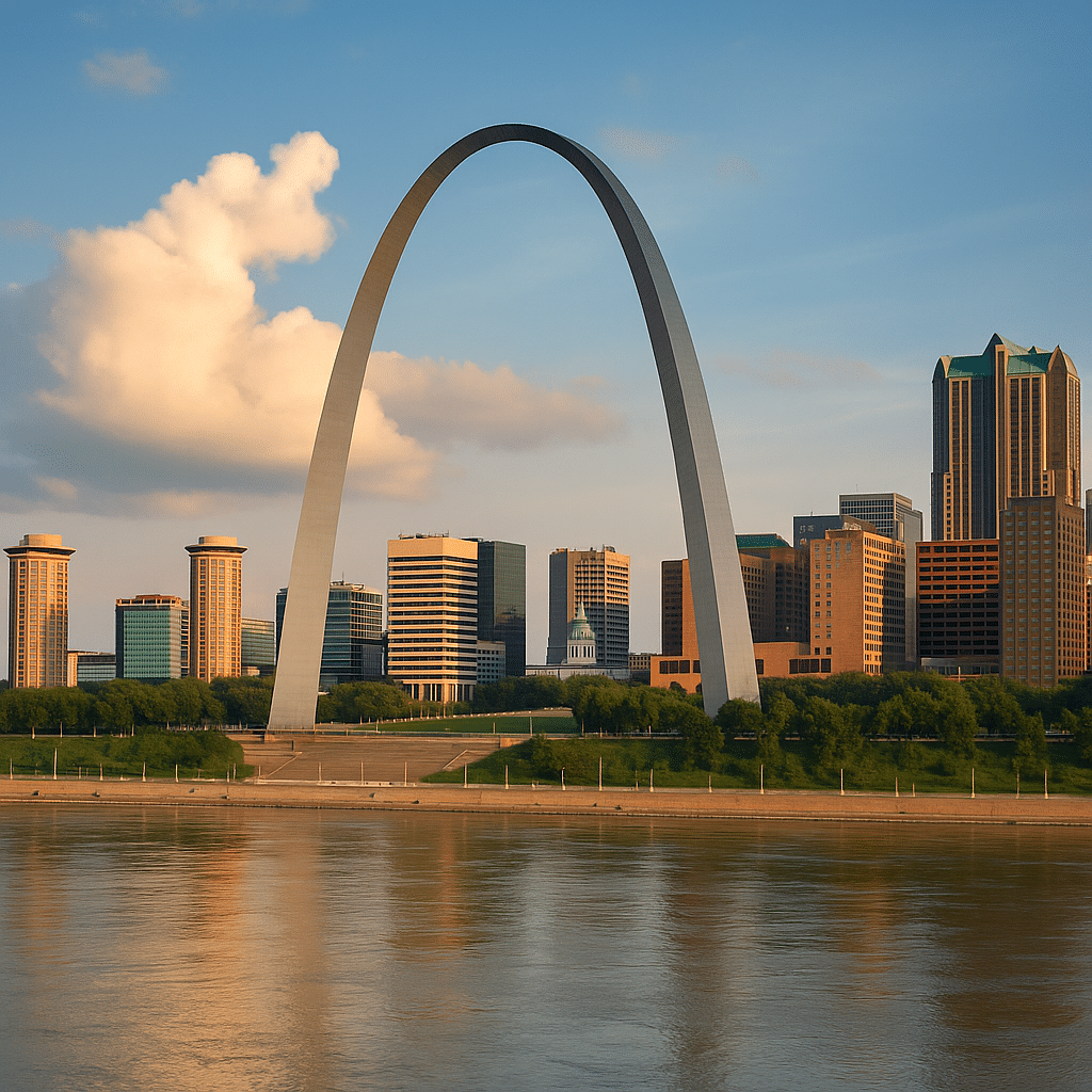 High-resolution photograph of the St. Louis skyline featuring the Gateway Arch, modern skyscrapers, and the Mississippi River under a partly cloudy sky.