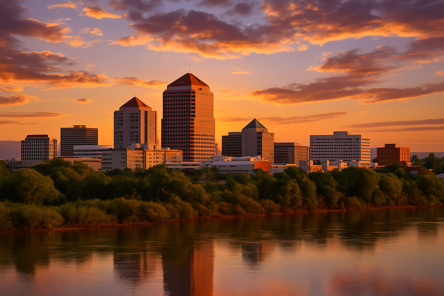 High-resolution photograph of the Albuquerque skyline at sunset, showing modern buildings reflected in the Rio Grande River with colorful orange and purple skies.