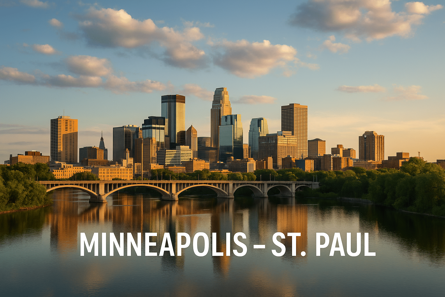 Minneapolis–St. Paul Nonprofit Jobs – Foundation List Page Skyline Image with Downtown Buildings, Bridge, and River Reflections