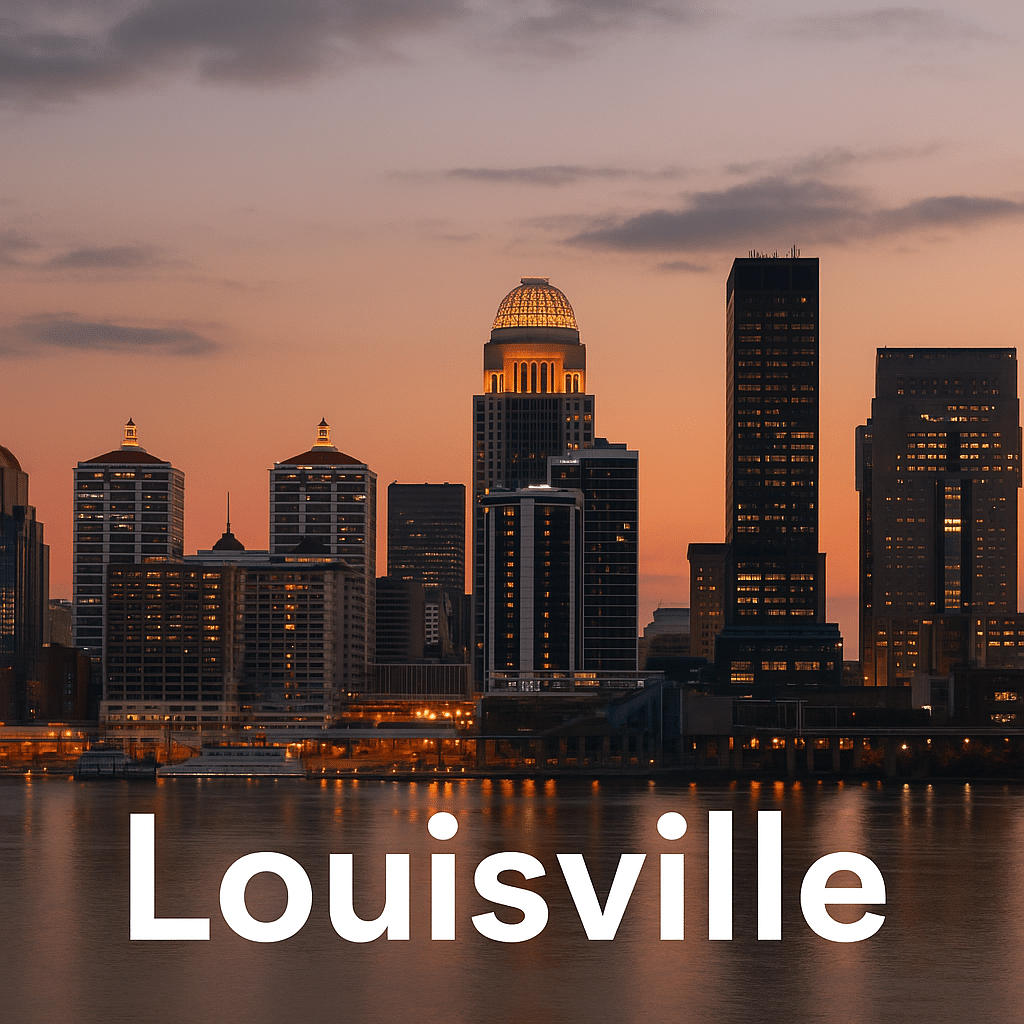 Louisville Nonprofit Jobs – Foundation List Page Skyline Image with Downtown Buildings, Ohio River, and “Louisville” Text Overlay