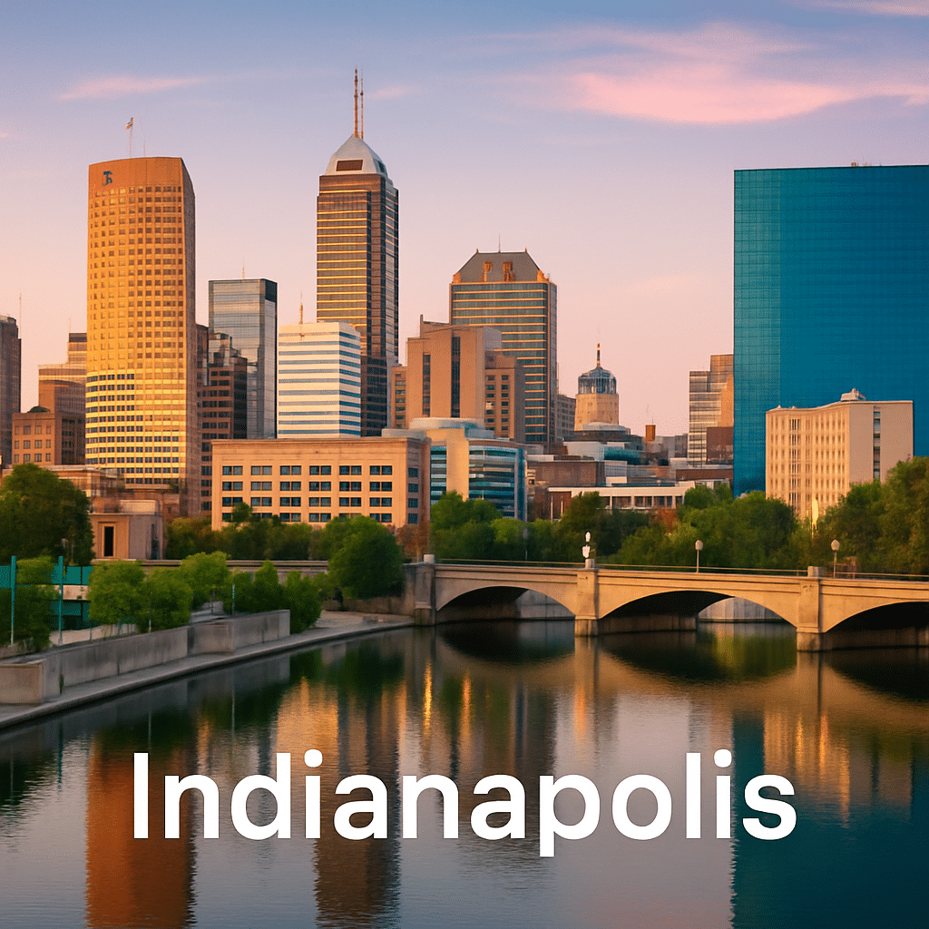 Indianapolis Nonprofit Jobs – Foundation List Page Skyline Image with Downtown Buildings, River, and “Indianapolis” Text Overlay