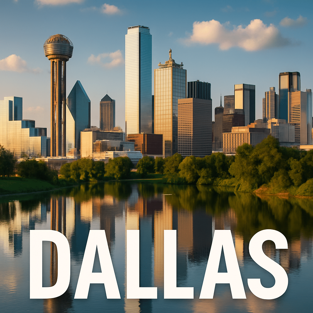 High-resolution photograph of the Dallas skyline at sunset, featuring Reunion Tower and downtown skyscrapers reflected in the Trinity River, with “DALLAS” text overlaid at the bottom.