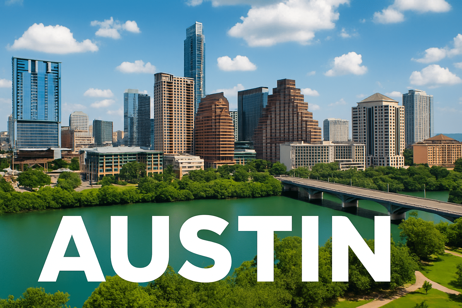 High-resolution photograph of the Austin skyline on a sunny day, featuring the Austonian and downtown skyscrapers above the Colorado River, with “AUSTIN” text overlaid at the bottom.