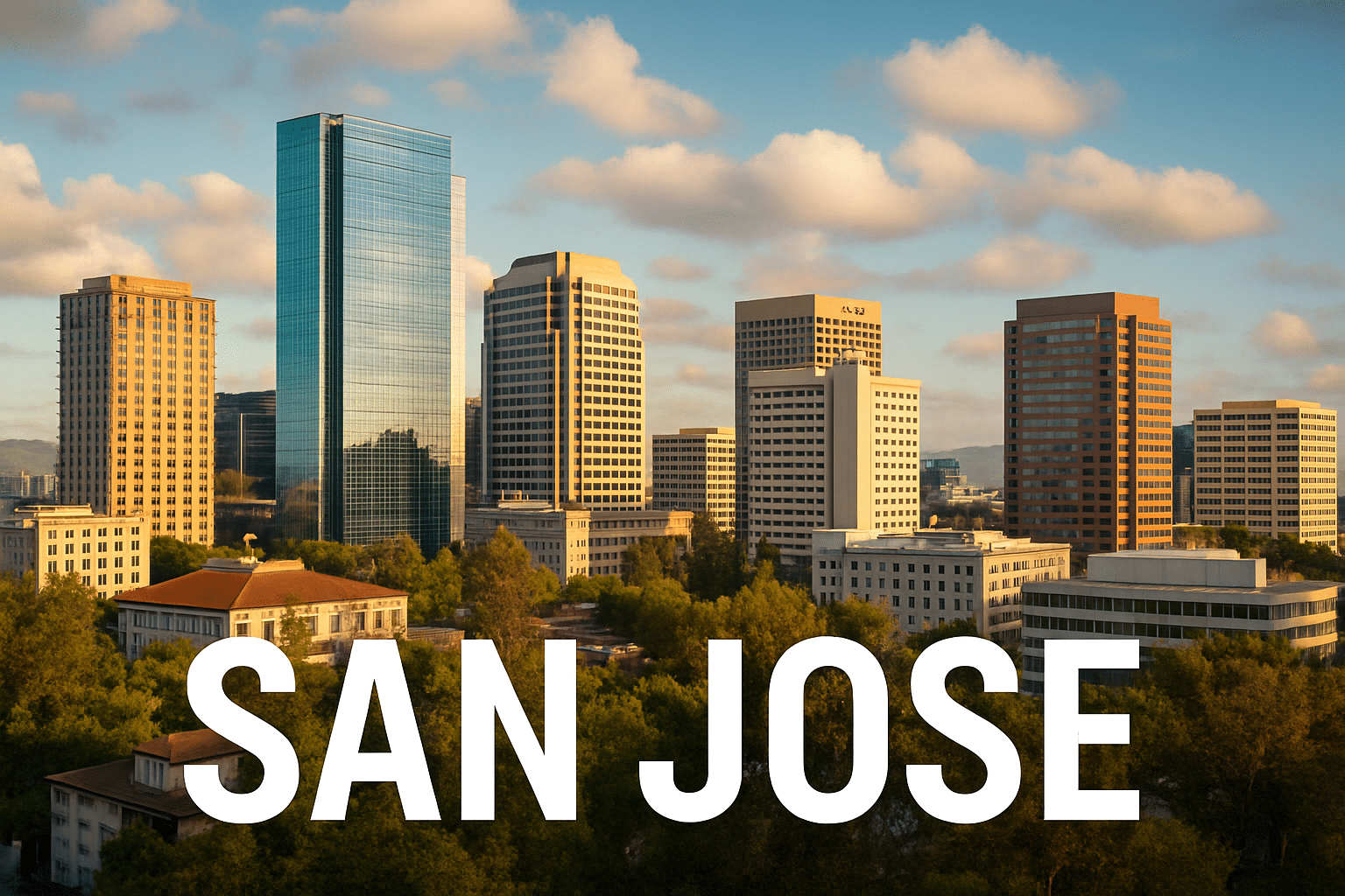 High-resolution photograph of the San Jose skyline in warm afternoon light, featuring modern skyscrapers and surrounding greenery under a partly cloudy sky, with “SAN JOSE” text overlaid at the bottom.
