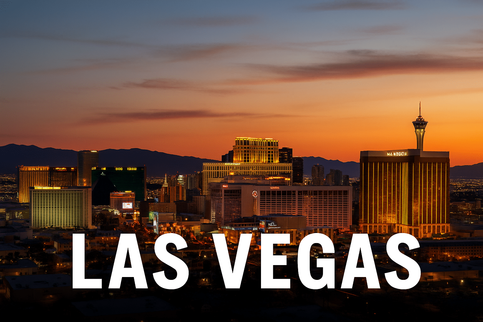 High-resolution photograph of the Las Vegas skyline at dusk, featuring Mandalay Bay, Luxor pyramid, and The STRAT, with glowing city lights and mountains in the background, overlaid with “LAS VEGAS” text at the bottom.