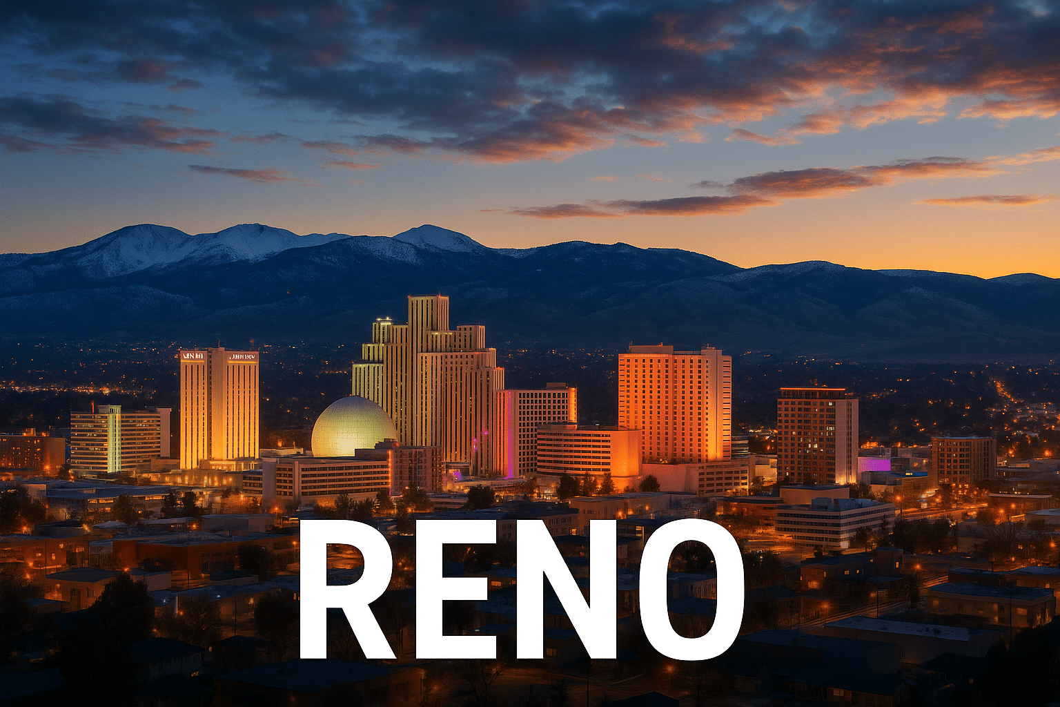 Reno Nonprofit Jobs – Foundation List Page Skyline Image with Downtown Casinos, Sierra Nevada Mountains, and “RENO” Text Overlay