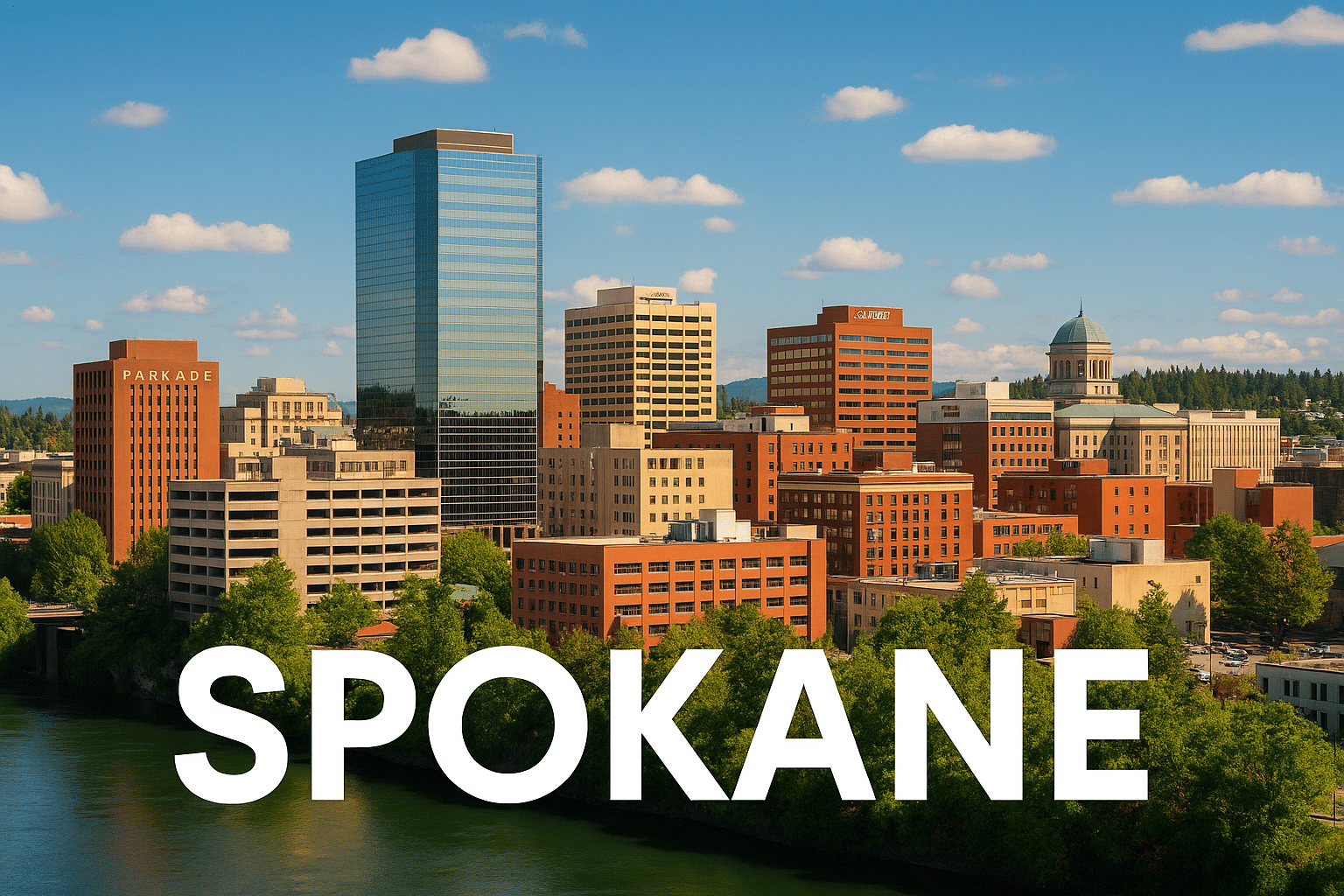 High-resolution photograph of the Spokane, Washington skyline under a bright blue sky, featuring downtown skyscrapers, historic domes, and the Spokane River, with “SPOKANE” text boldly overlaid at the bottom.