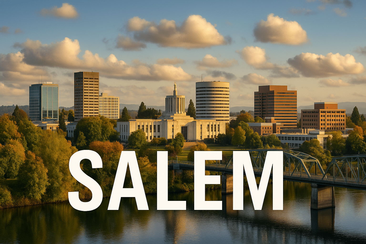 High-resolution photograph of the Salem, Oregon skyline at sunset, featuring the Oregon State Capitol, modern high-rises, autumn trees, and the Willamette River with “SALEM” text overlaid at the bottom.