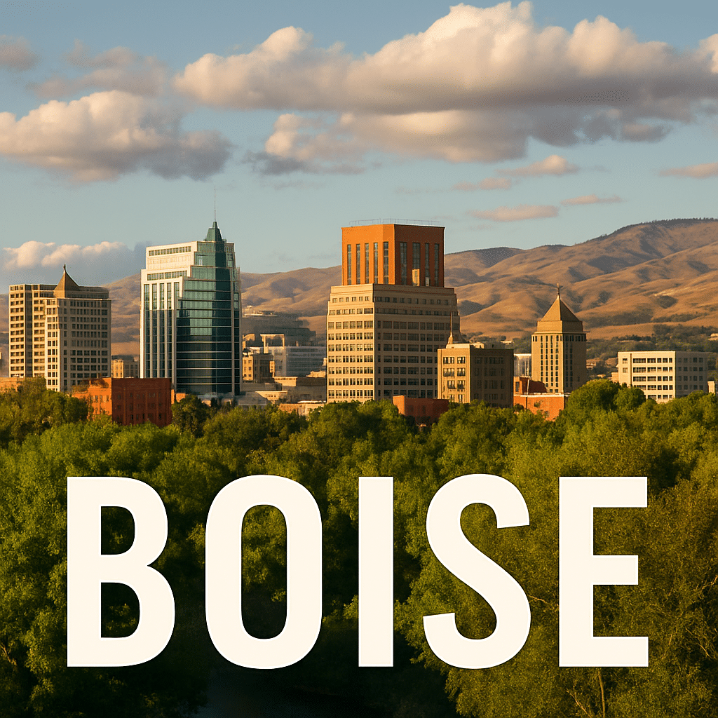 High-resolution photograph of the Boise, Idaho skyline at sunset, featuring modern skyscrapers, the Boise River, and foothills in the background, with “BOISE” text overlaid at the bottom.