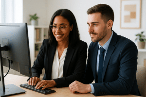 Image shows two nonprofit recruiters deep sourcing recruiting sharing a computer at the office looking for candidates
