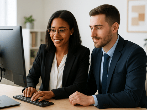 Image shows two nonprofit recruiters deep sourcing recruiting sharing a computer at the office looking for candidates