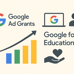 Image for Google Ad Grants and Google for Education showing arrow pointing to the google products and a graph going up representing donations