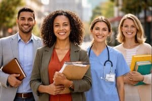 Image of four workers smiling. One medical, one education, one foundation, and one nonprofit all standing in a sunny street for the blog Most In-Demand Nonprofit, Education & Healthcare Jobs for 2026.