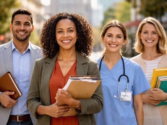 Image of four workers smiling. One medical, one education, one foundation, and one nonprofit all standing in a sunny street for the blog Most In-Demand Nonprofit, Education & Healthcare Jobs for 2026.
