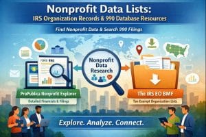 Nonprofit data lists showing IRS organization records and searchable 990 filings for tax-exempt organizations