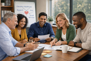 Nonprofit organization professionals collaborating to plan programs and community impact