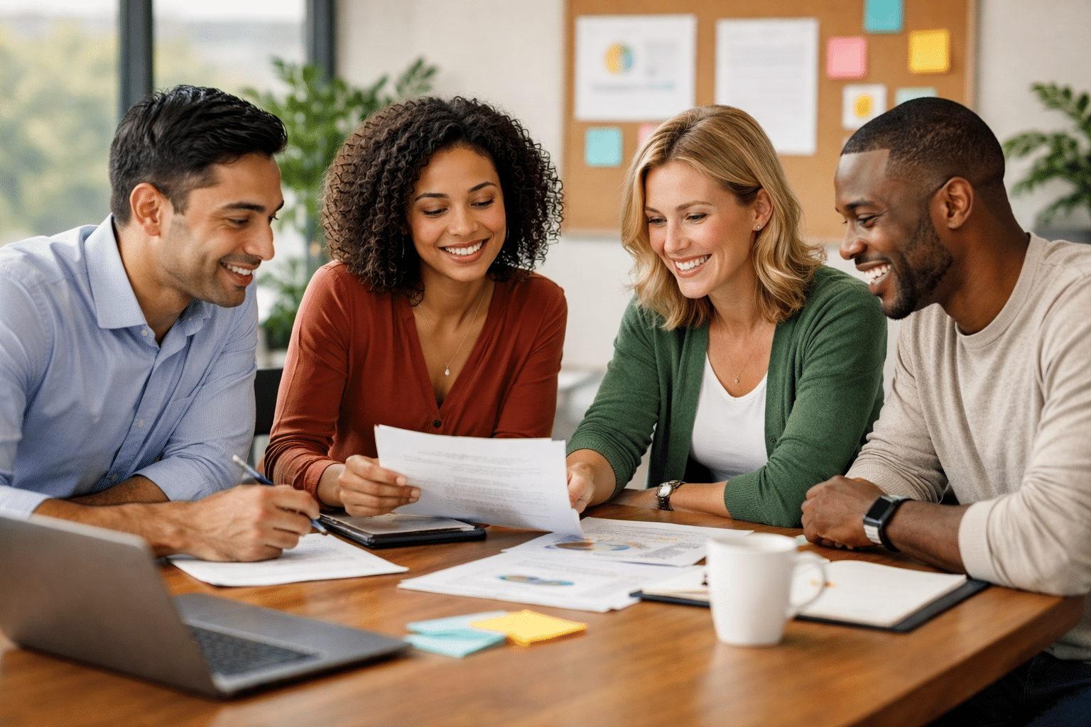 Nonproift job seekers are discussing what Is a Nonprofit Organization sitting at a table looking at charts. Four people are seen talking.