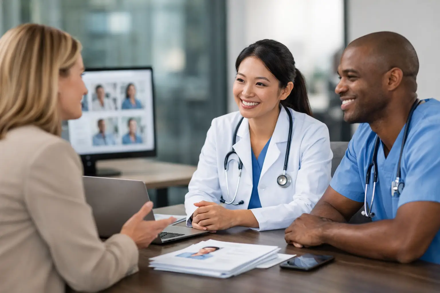 Healthcare recruiting professionals reviewing talent sourcing strategies to improve healthcare hiring and reach qualified candidates