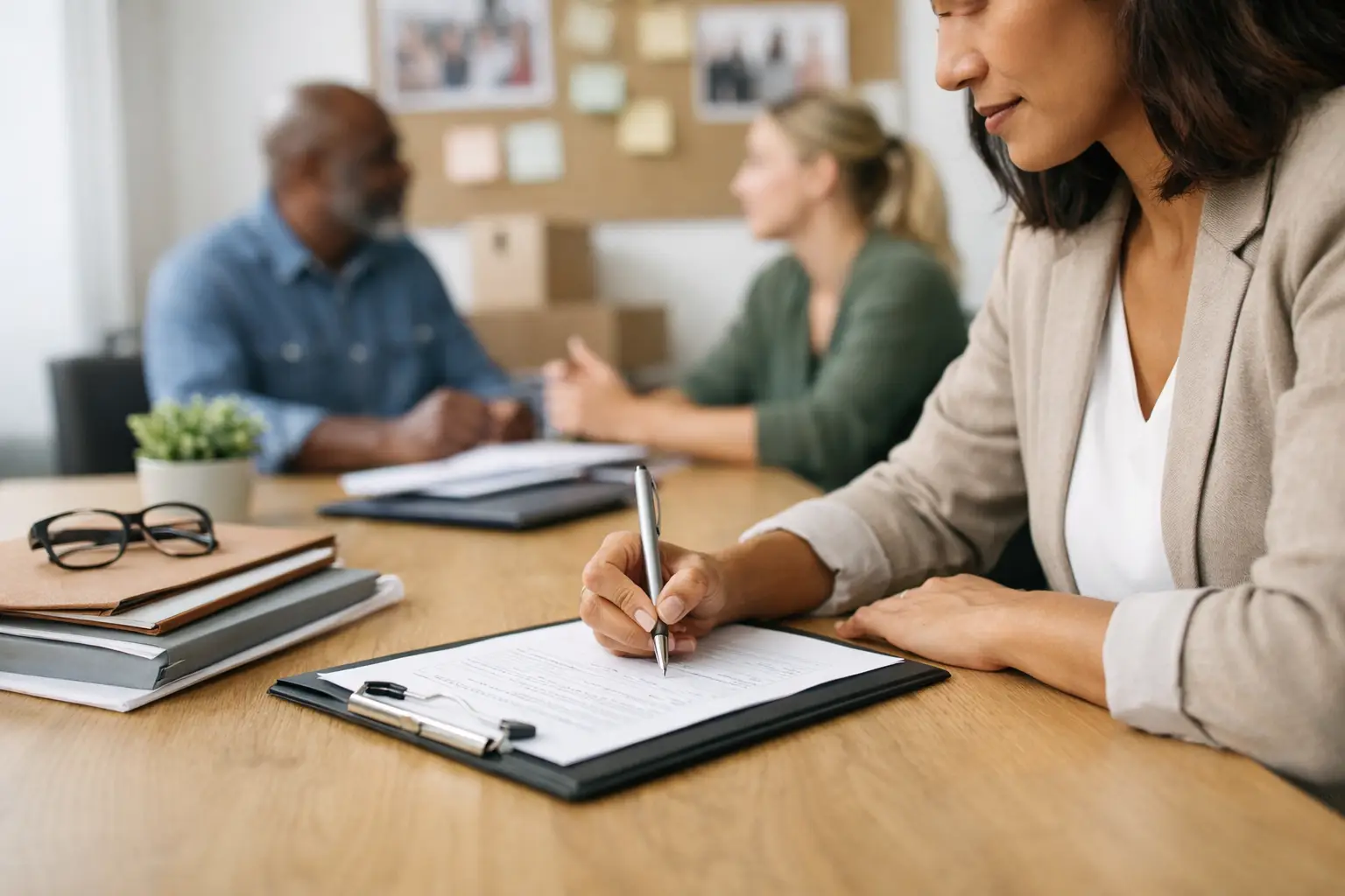 Charlotte nonprofit hiring professional reviewing a job description while colleagues discuss candidates