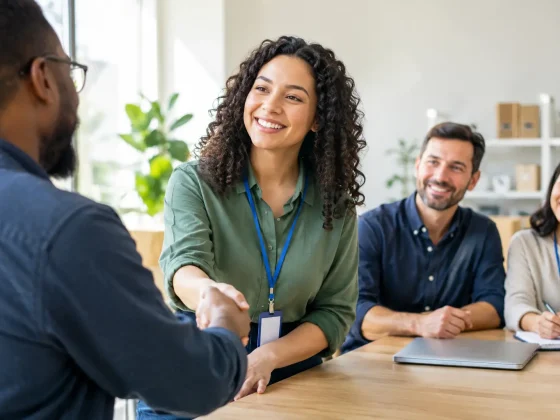 Two people shaking hands with colleagues seated nearby