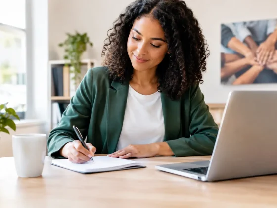 A woman writing notes beside a laptop