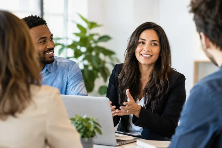 A woman in a dark blazer talking with colleagues around a table