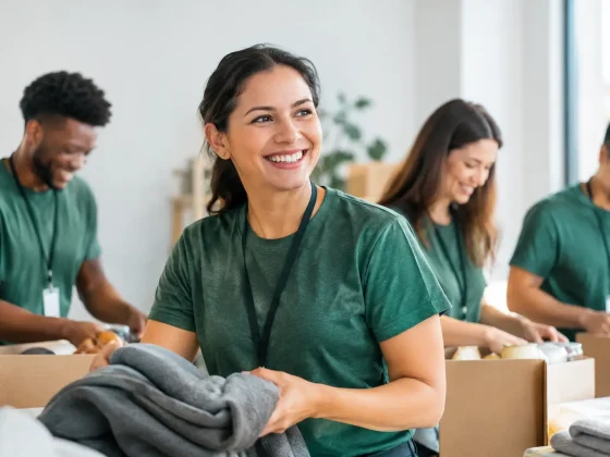 People in green shirts sorting clothing into boxes