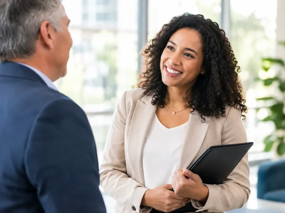Two professionals talking in an office, one holding a tablet