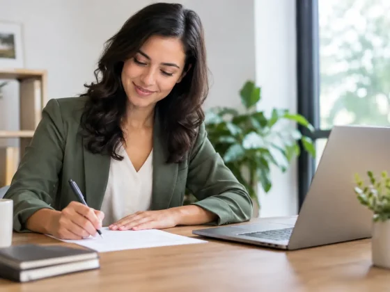 A woman writing on a document beside an open laptop