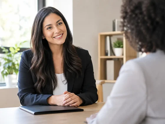 A woman speaking with another person across a table